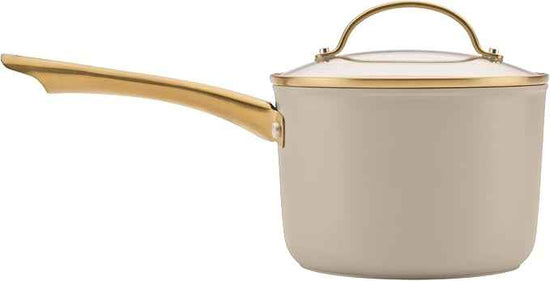 Farberware Forged Induction Ceramic Nonstick Pots and Pans Set with Cooking Tools, Dishwasher Safe, Gold Color Stainless Steel Handles, 12 Piece Cookware Set - Taupe