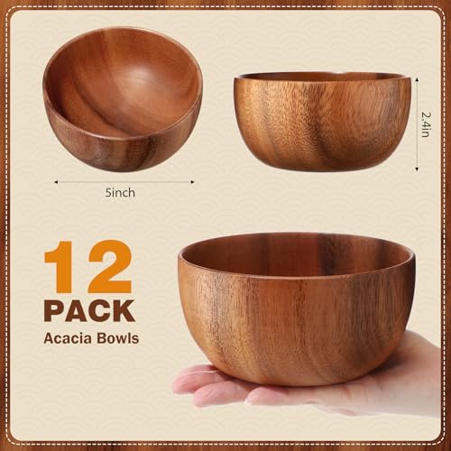 12 Pcs 5in Acacia Wooden Bowls Small Calabash Bowls Round Wood Salad Hand Carved Calabash Dip Tray for Serving Popcorn Pasta Candy Cereal Coconut Nuts Sauce Appetizers Kitchen