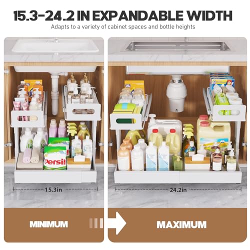 1 Pack Expandable Under Sink Organizers Storage With Upgrade Ball (1 Pack-15.3"-24.2"W / White)