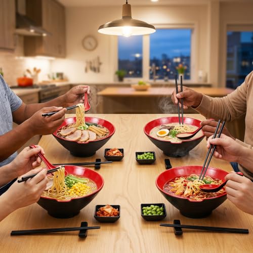 Unbreakable Melamine Ramen Bowl Set （4 piece set） (Red-Black / Set-4)