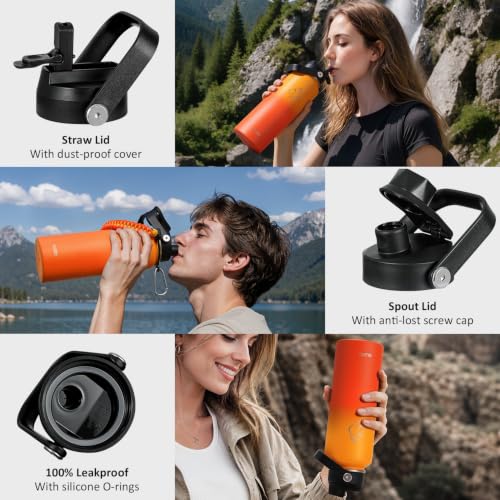 40 oz Insulated Water Bottle with Paracord Handle & Straw Spout Lids (40 Ounces / Yellow Orange)