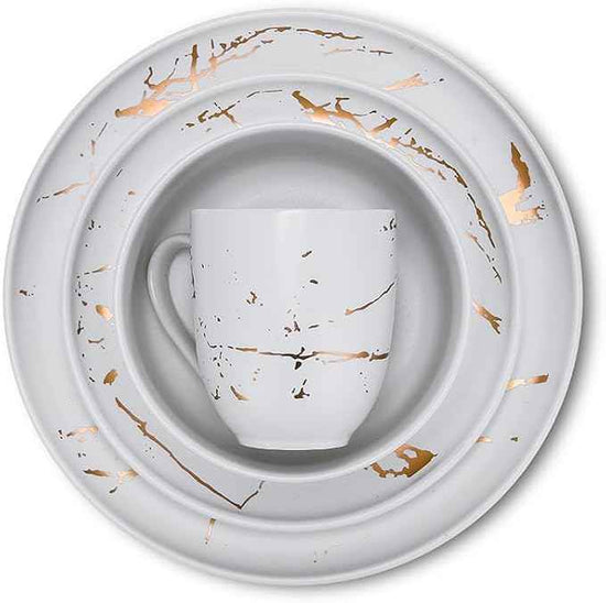 Stone Lain Porcelain 16 Piece Dinnerware set, 4 Full White Gold Splash Sets