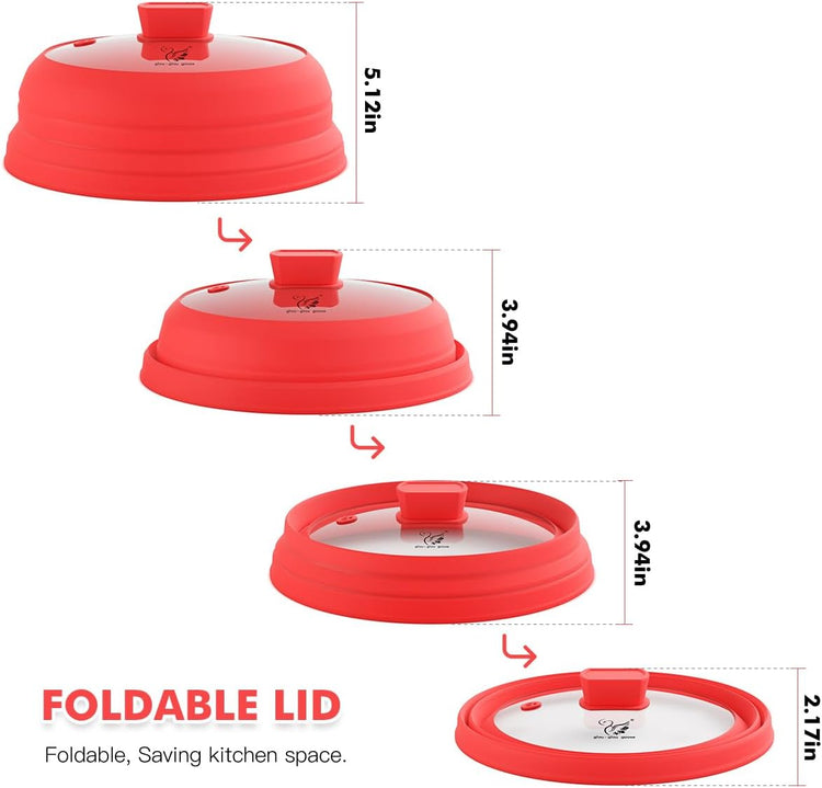 Microwave Splatter Cover Glass Splatter Guard Lid with Collapsible Silicone for Food Pot Plate Cover 10.8 inch Red