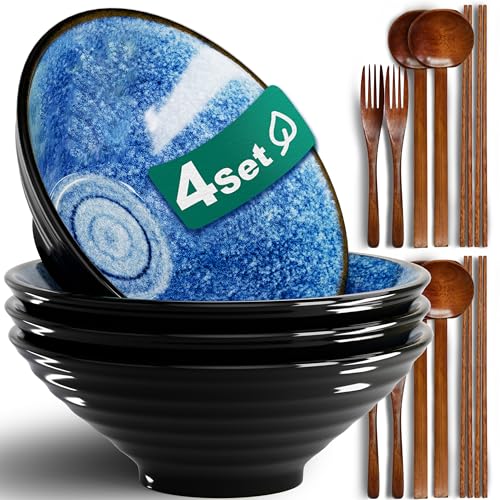 8 Inch 4 Sets Ceramic Ramen Bowl (A:Ocean Blue / 8 INCH 4 Set)