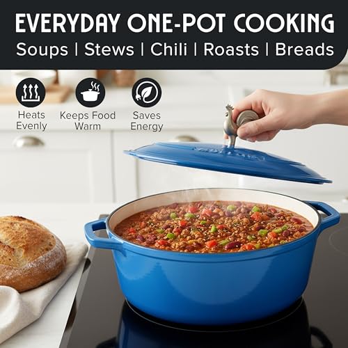 5.5 Quart Enameled Cast Iron Oval Dutch Oven w Rooster Knob & Cotton Potholders