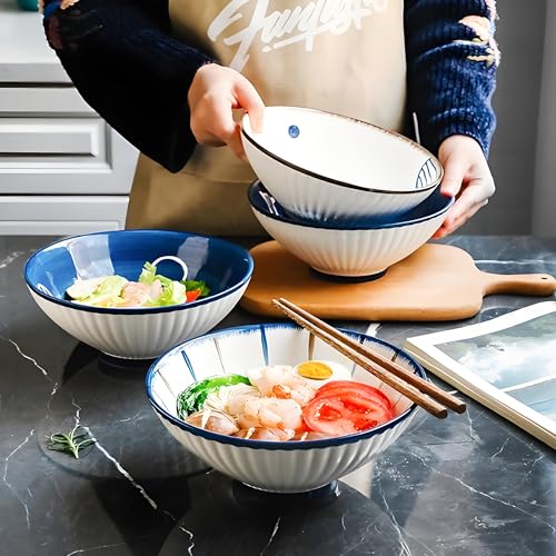8 Inch 38OZ Ceramic Bowl Set of 4 (Blue and White)