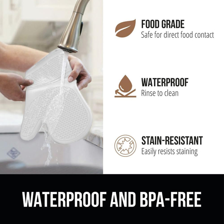GORILLA GRIP BPA-Free Soft Silicone Oven Mitts, 14.5x8.3, Heat Resistant and Waterproof Cooking Gloves, Thick Cotton Lining, Flexible Gripping for Baking Grilling, Kitchen Potholders Set of 2, White