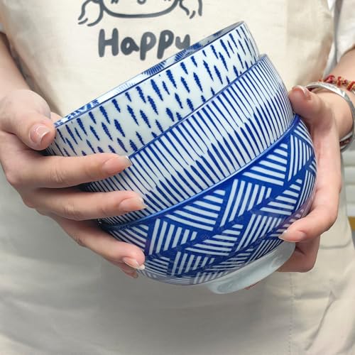 28Oz Ceramic Soup Ramen Bowl Set of 6 with Spoon Gift Box (6in-Floral & Striped-6)