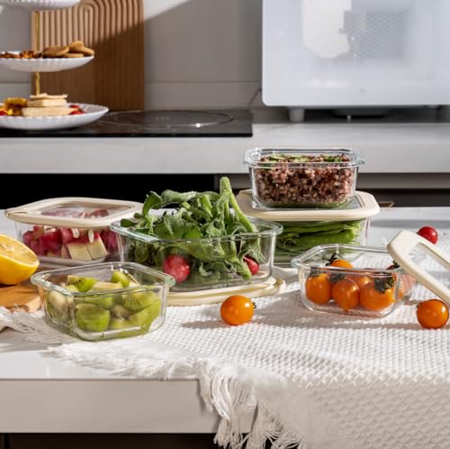 Glass Food Storage Containers with Glass Lids (‎Ivory White -6p)