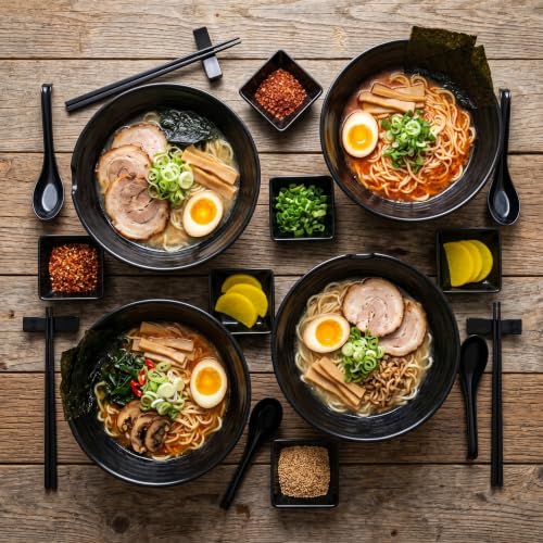 Unbreakable Melamine Ramen Bowl Set （4 piece set） (Black / Set-4)