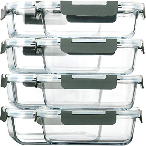8 Pack 30 oz Glass Food Storage Containers with Lids (Gray)