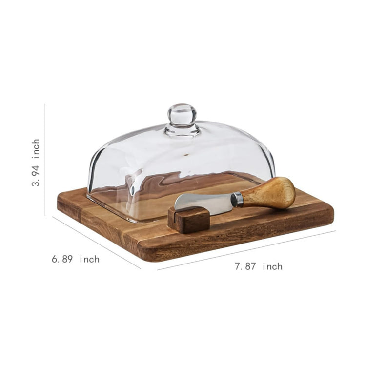 Glass & Acacia Wood Butter Dish with Airtight Glass Lid & Serving Knife