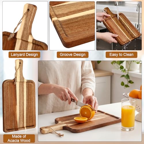 16set Acacia Wood Charcuterie Board with Knife Wooden Serving Tray with Groove Acacia Wood Cutting Board with Card and Gift Box for Wedding Baby Shower Housewarming Gift (16 Count)