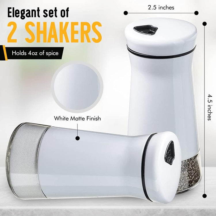 The Original Salt and Pepper Shakers set - White- Spice Dispenser with Adjustable Pour Holes - Stainless Steel & Glass - Set of 2 Bottles