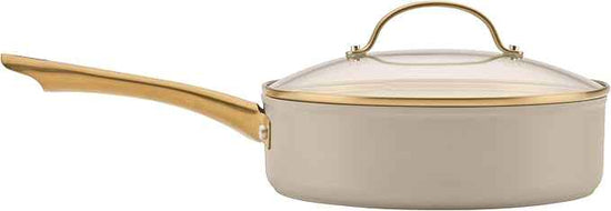 Farberware Forged Induction Ceramic Nonstick Pots and Pans Set with Cooking Tools, Dishwasher Safe, Gold Color Stainless Steel Handles, 12 Piece Cookware Set - Taupe
