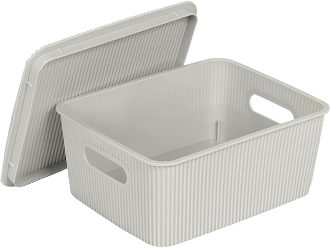 Glad Storage Baskets with Lids - Set of 6 Stackable Plastic Boxes with Handles - Decorative Shelf Organizer Bins for Bathroom and Closet, Grey, 1 Gallon