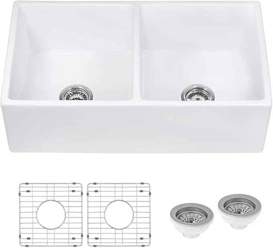 Ruvati 33-inch Fireclay Farmhouse Apron-Front Kitchen Sink Double Bowl - White - RVL2311WH
