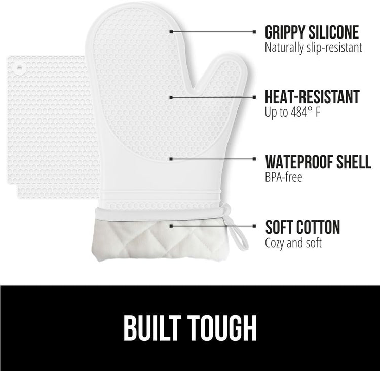 GORILLA GRIP BPA-Free Soft Silicone Oven Mitts and Pot Holders Sets of 4, Heat Resistant Waterproof Cooking Gloves, Thick Cotton Lining, Flexible Gripping for Baking Grilling, Kitchen Trivets, White