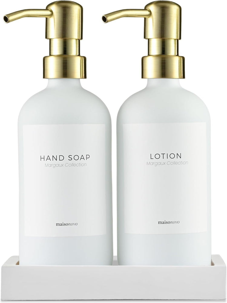 MaisoNovo Soap Dispenser 3-Piece Set | 16.9oz White Bottles with Gold Stainless Steel Pumps