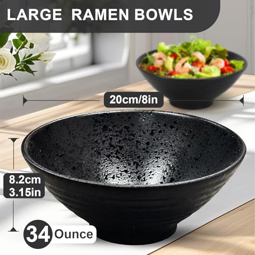 8 Inch Ramen Bowl Set 2 Large Japanese Bowls Ceramic Microwavable 8pcs (Black / 8 INCH 2 Set)