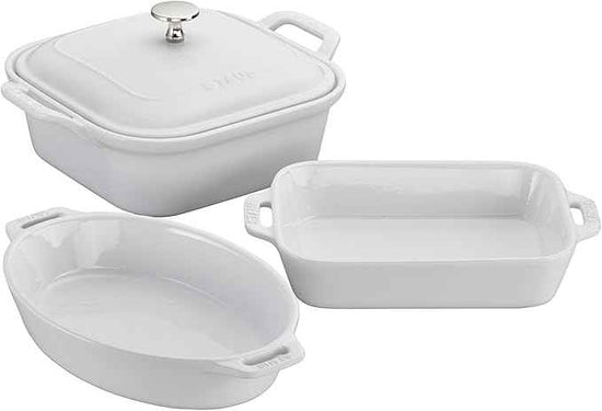 STAUB Ceramic 4-pc Baking Pans Set, Casserole Dish with Lid, Brownie Pan, White