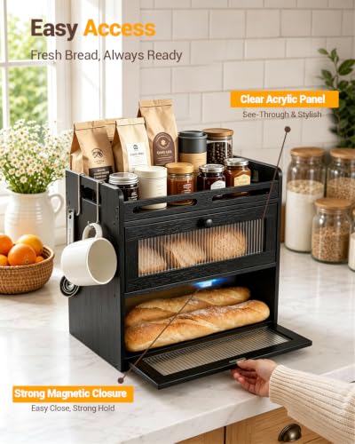 Bread Box for Kitchen Countertop (Black / 2-Tier)