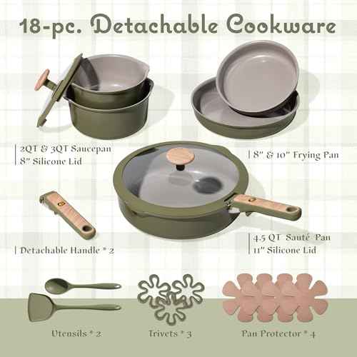 18 Pcs Ceramic Cookware Set Detachable Handle