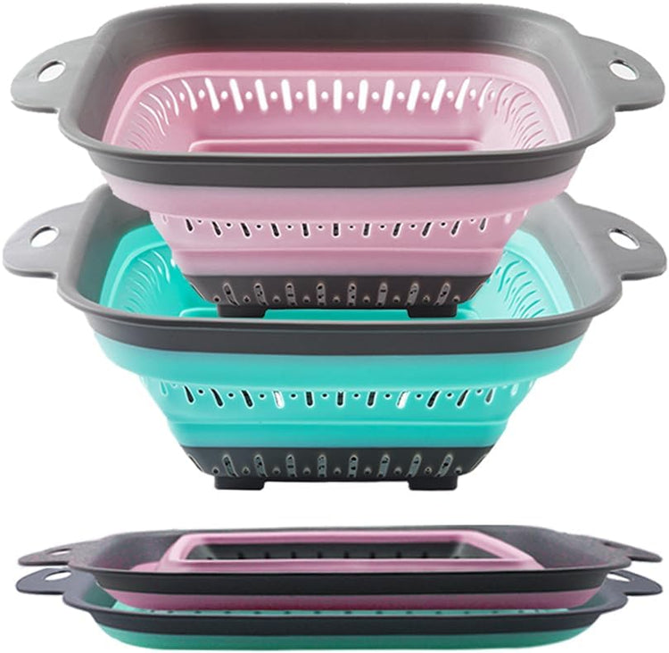 Collapsible Colander Set, Square Round Triangles Silicone Kitchen Strainer Perfect for Draining Pasta Vegetable fruit 2 PCS (10.8"L x 8.6"W x 2"H, Red & Green)