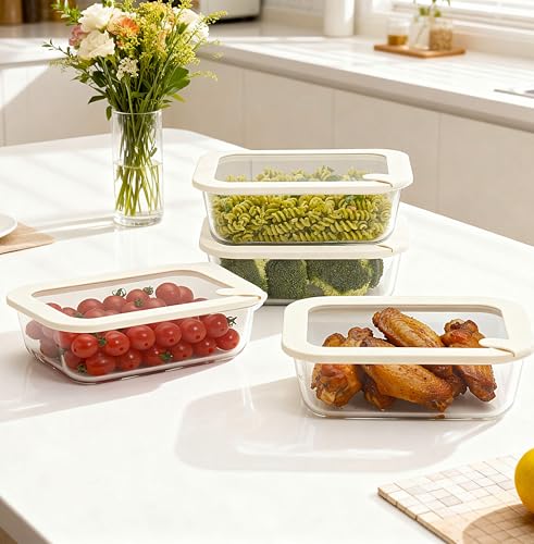 Glass Food Storage Containers with Glass Lids (‎Ivory White -4s)