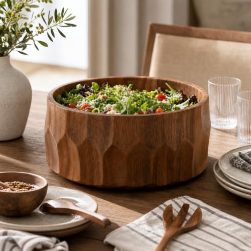 Large Diamond Pattern Acacia Wood Salad Serving Bowl (6" Tall x 12" Diameter)