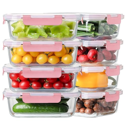 8 Pack 36oz Large Glass Meal Prep Containers with Leak Proof Snap (Pink / 8 Pack 36oz)