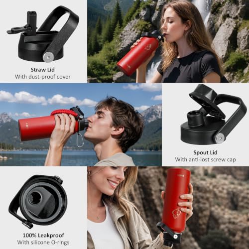 40 oz Insulated Water Bottle with Paracord Handle & Straw Spout Lids (40 Ounces / Red)