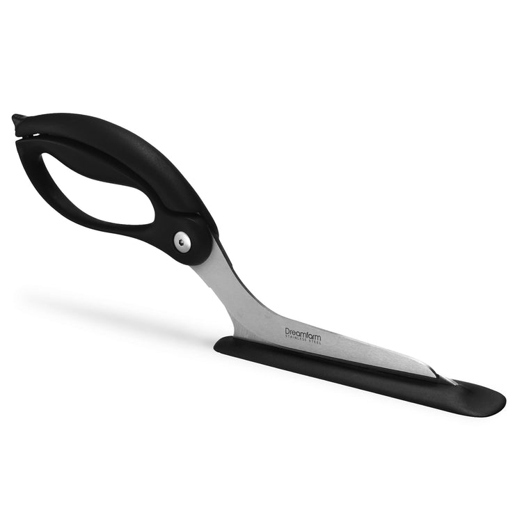 Scizza 2-In-1 Easy Ergonomic Pizza Scissors with Stainless Steel Pizza Cutter Blades & Non-Stick Slice Server - Black