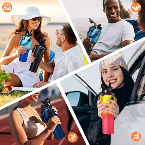 32 oz Travel Coffee Mug & Water Bottle Fits Car Cup Holder Straw Spout Lids (Yellow Pink / 32 Ounces)