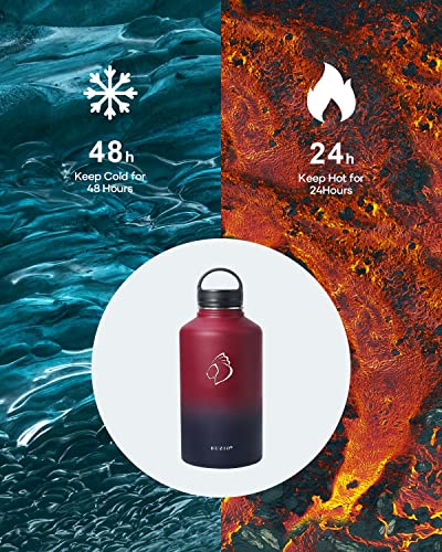 64 oz Water Bottle Insulated with Straw & 3 lid and Carrying Pouch (64 Ounces / Ruby Red Navy)