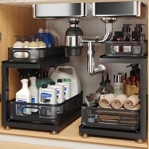 2 Pack Under Sink Storage Organizer with 2 (Black / 2 Pack-15.4"Dx11.8"-16.5"H)