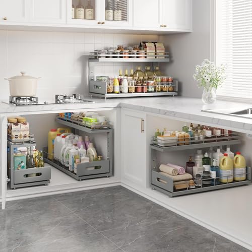 Under Sink Organizer Upgrade To Professional Rails (Gun Gray / 2 Pack-21"Dx12.8"-16.9"H)