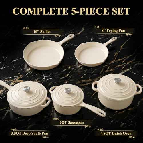 5 Piece White Enameled Cast Iron Cookware Set