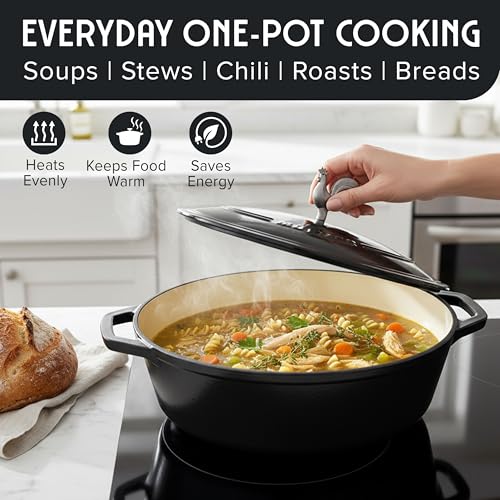 5.5 Quart Enameled Cast Iron Oval Dutch Oven with Rooster Knob & Cotton Potholders