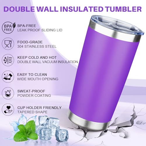 20oz Tumbler with Lid Double Wall Vacuum Insulated Travel Coffee Mug Stainless Steel Thermal Cup Powder Coated Sturdy Coffee Tumbler Bulk for Hot and Cold Beverage (20 Ounces (4 Pack) / Purple)
