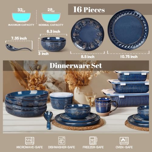 16 Piece Handcrafted Ceramic Dinnerware Set (Multiple Patterns (16 Pieces) (Blue))