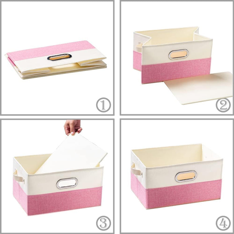 PRANDOM Large Collapsible Storage Baskets for Closet [3-Pack] Decorative Fabric Storage Bins Cubes with Leather/Metal Handles for Shelves Bedroom Living Room Pink&Cream (14.9x9.8x8.3 Inch)