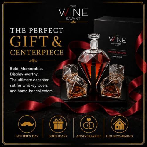 Luxury Diamond Whiskey Decanter Set with 4 Matching Glasses & Mahogany Wood Base