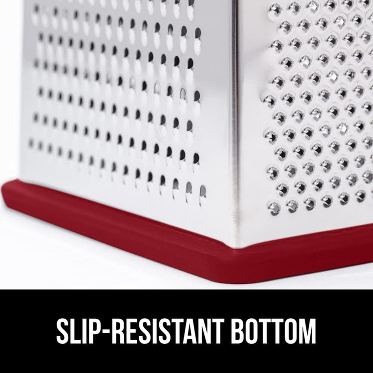 GORILLA GRIP 4-Sided 100% BPA-Free Cheese Grater With Container, Stainless Steel XL Box Graters, Parmesan Shredder, Grate Cheeses, Shred Veggies, Slip Resistant Handle, Dishwasher Safe Zester, Red