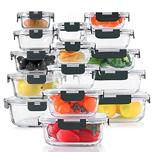 30 Pieces Glass Food Storage Containers Set with Lids (Gray / 15 Pack)