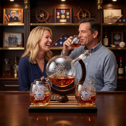U.S. Coast Guard Globe Whiskey Decanter Set with 4 Liquor Glasses