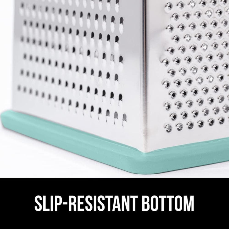 GORILLA GRIP 4-Sided 100% BPA-Free Cheese Grater With Container, Stainless Steel XL Box Graters, Parmesan Shredder, Grate Cheeses, Shred Veggies, Slip Resistant Handle, Dishwasher Safe Zester, Mint