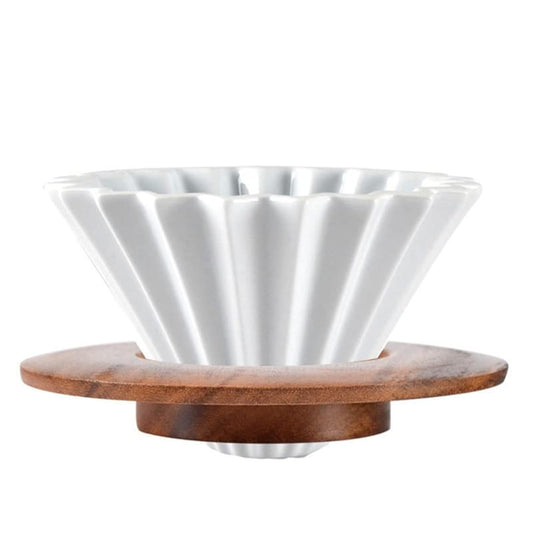 Ceramic Coffee Dripper Pour Over Coffee Maker with Wood Stand Elegant Flower Shape Filter