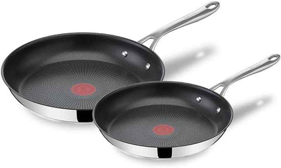 T-Fal x Jamie Oliver Nonstick Coated Stainless Steel Pans 9.5" & 11", Induction Compatible, Oven Safe up to 500°F, Chef's Stainless Steel Skillet, Frying Pan, Silver