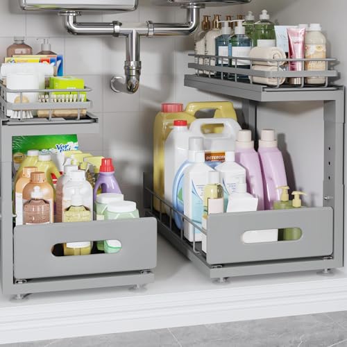 Under Sink Organizer Upgrade To Professional Rails (Gun Gray / 2 Pack-16.7"Dx12.8"-16.9"H)
